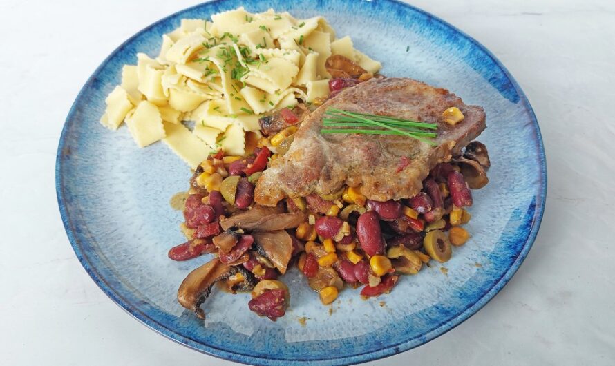 Pork steak on chili beans