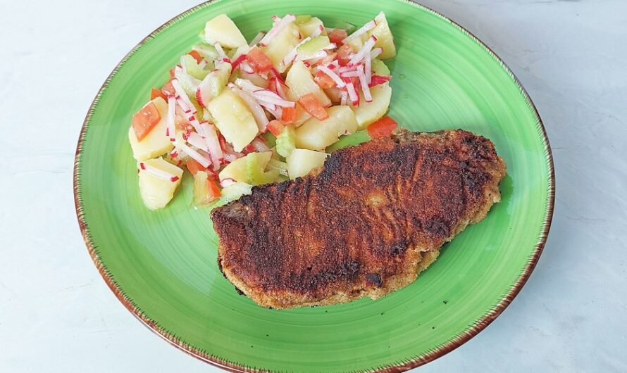 Wasabi pork chop with colorful potato salad