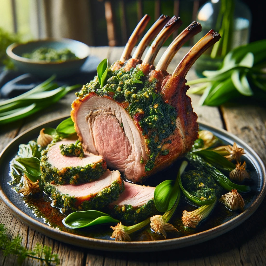 Roast rack of pork with wild garlic stuffing