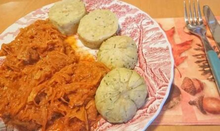 Braised meat with roasted peppers and bread dumplings - recipe - photo: sourLeopard