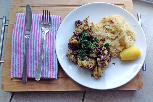 Blood sausage hash with bacon sauerkraut