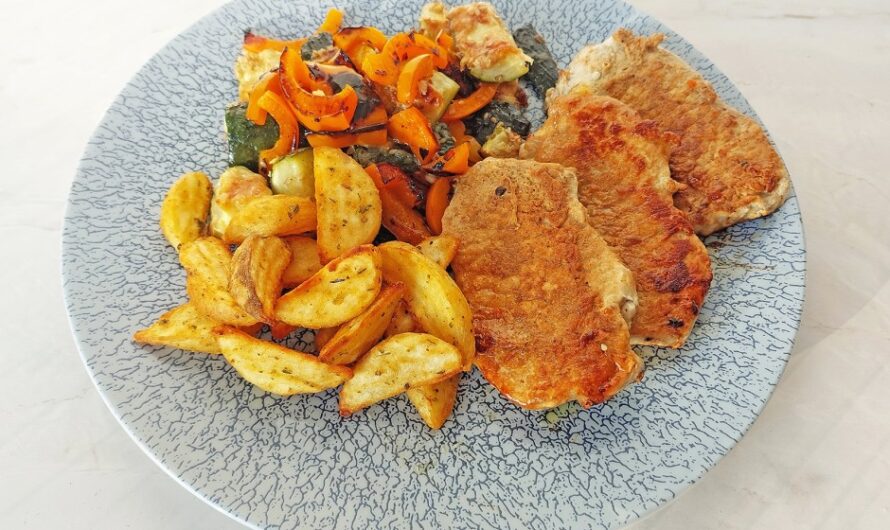 Fiery schnitzel with roasted vegetables