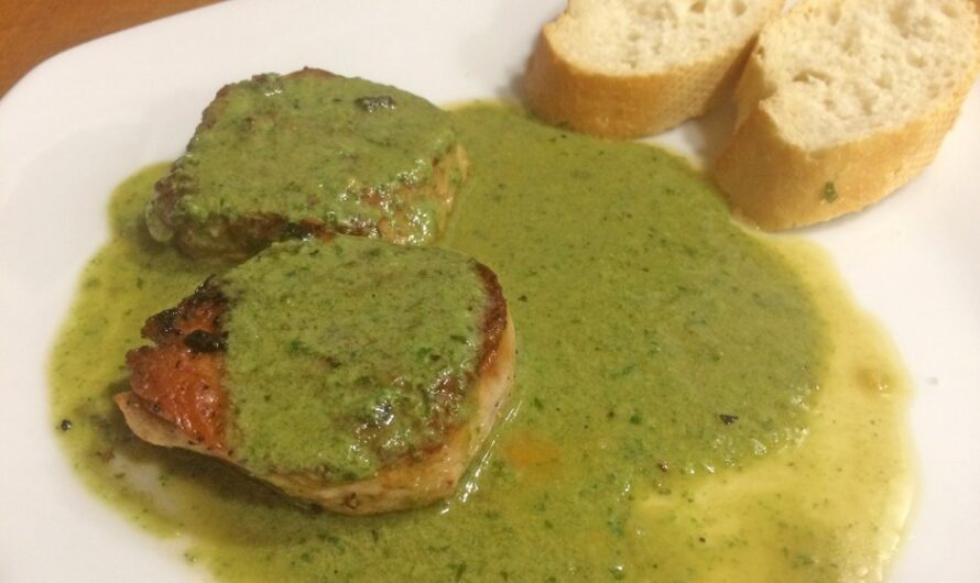 Pork tenderloin with basil cream.