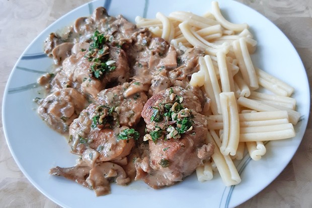 Pork medallions in mushroom truffle sauce.