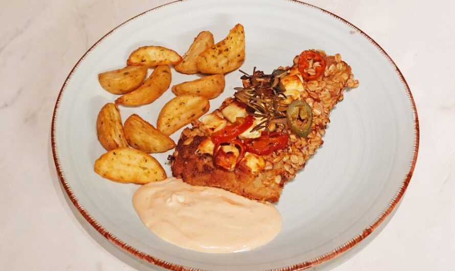 Pork schnitzel with jalapeno and feta