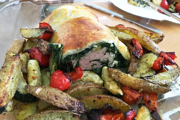 Pork tenderloin in puff pastry with oven-roasted vegetables