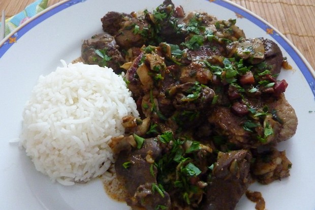 Pork tenderloin with chicken liver and mushrooms.