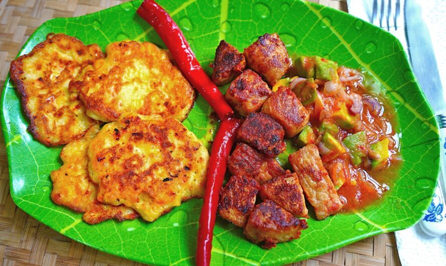 Pork with orange juice and corn fritters