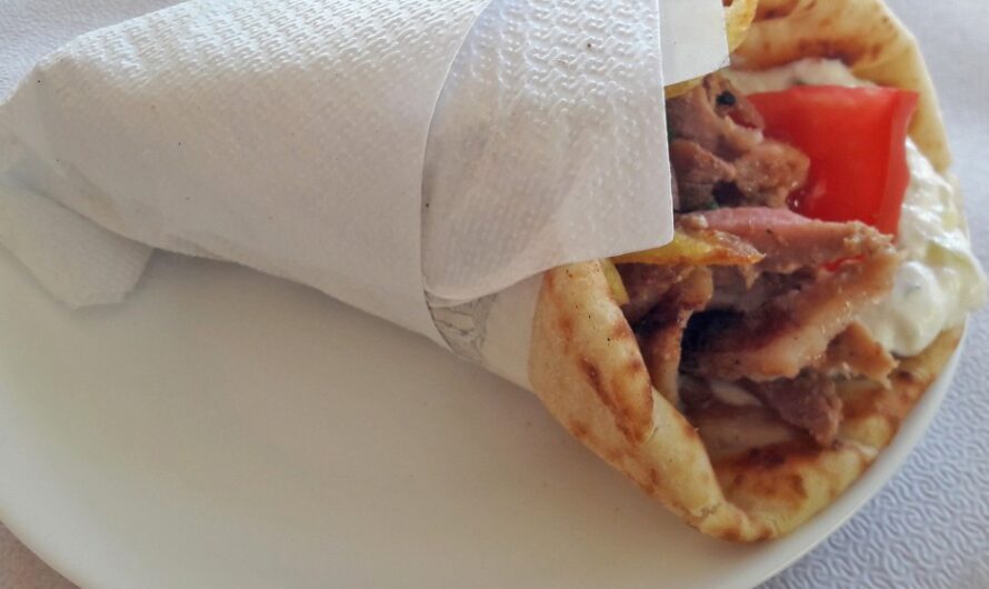 Souvlaki in pita filled with tzatziki