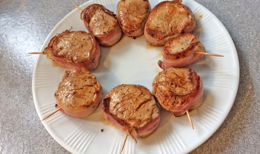 Spicy pork tenderloin wrapped in bacon.