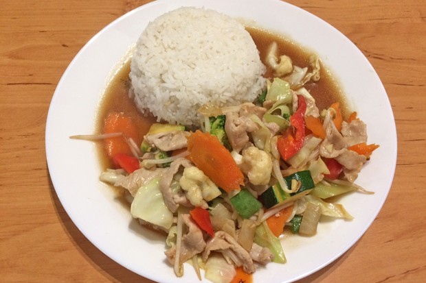 Stir-fried vegetables with pork and rice