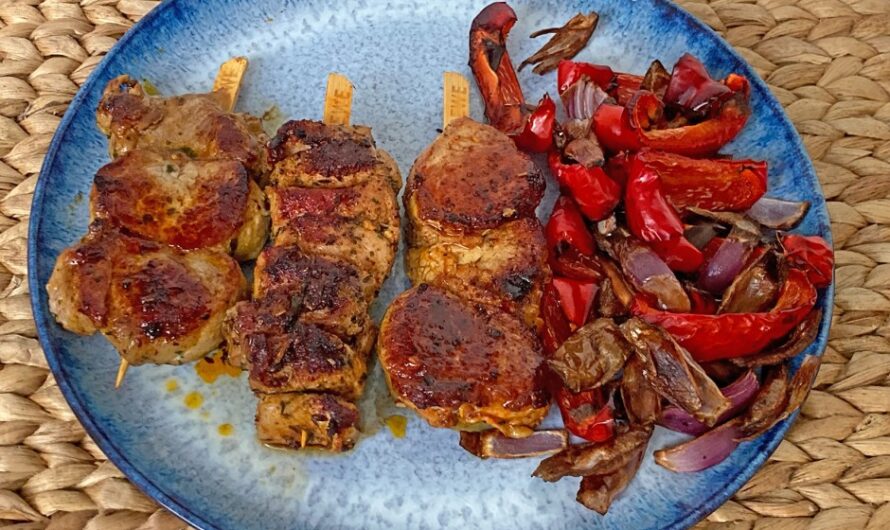 Three types of meat skewers with bell peppers